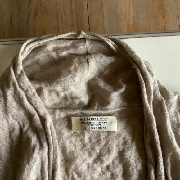 All Saints Elsie Long Tan Crinkled Open Draped Cardigan Sweater SZ 6 - Picture 5 of 12